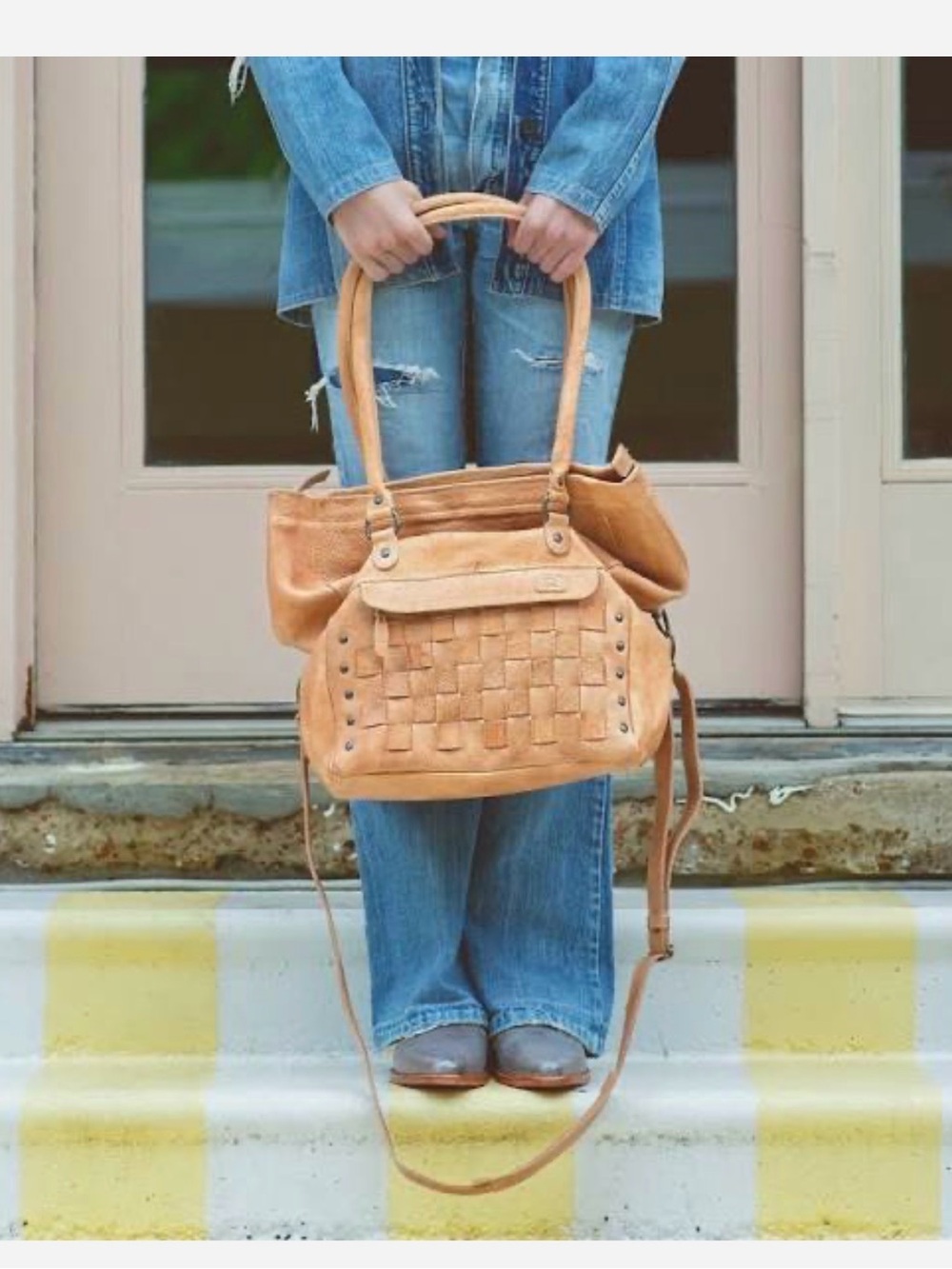 Bed Stu Miriam Woven Leather Shoulder Bag in Caramel